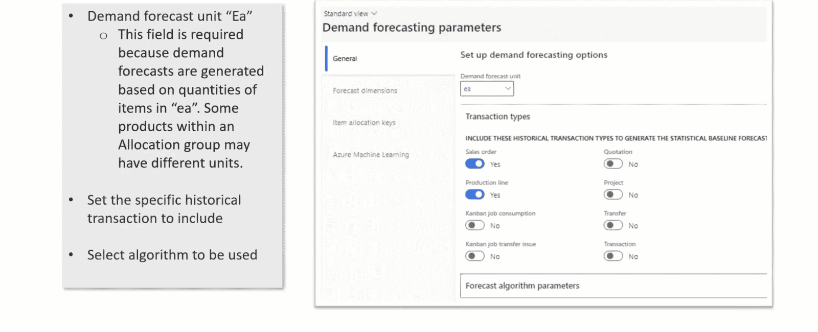 demand forecasting parameters in D365 Finance and Supply Chain