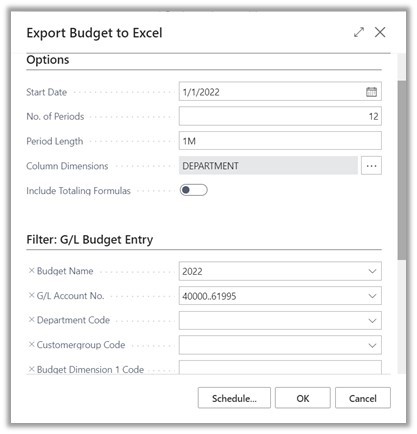 Export budget to Excel options