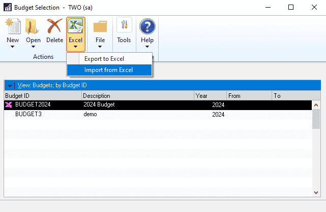 Excel dropdown - "Import from Excel" is highlighted