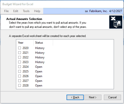 Actual amounts selection form