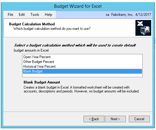 Budget calculation method screen