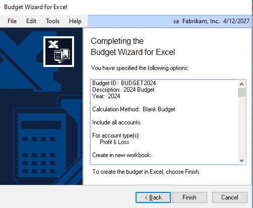 Completing the Budget Wizard for Excel screen