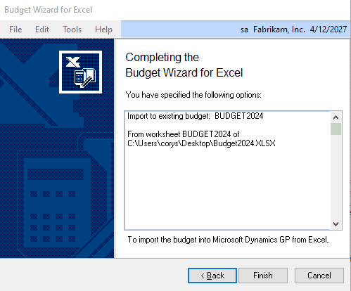 Completing the Budget Wizard for Excel screen - shows the option you specified