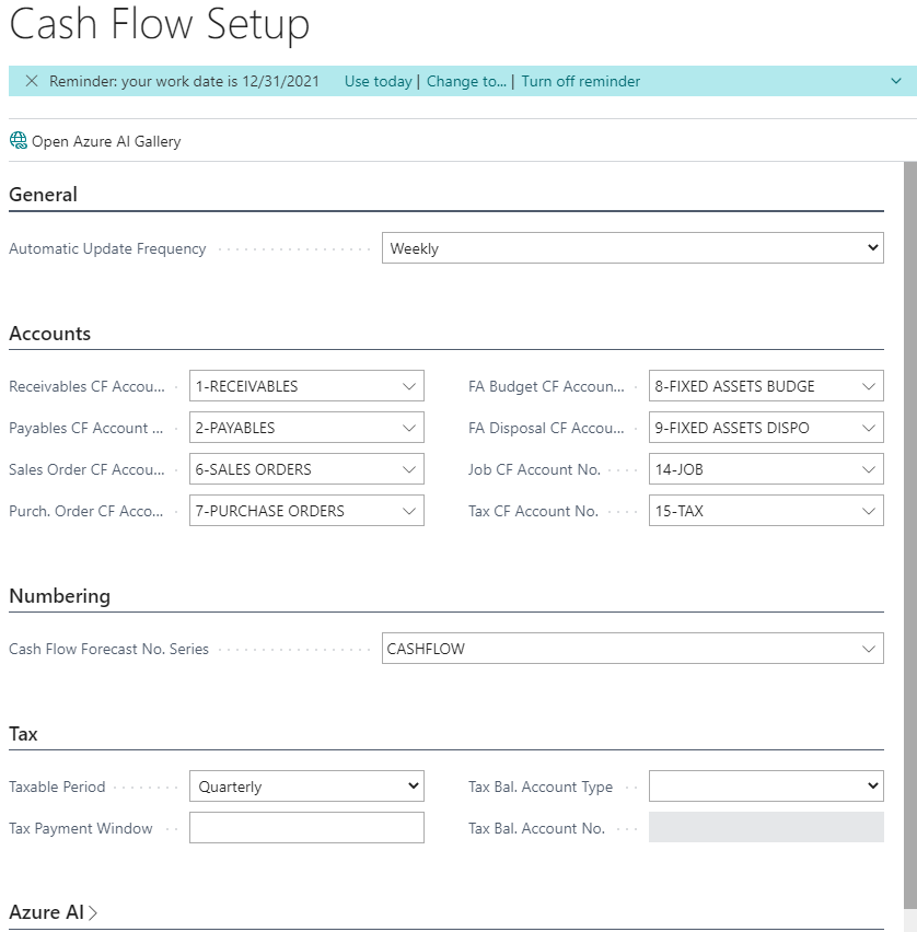 Cash flow setup page