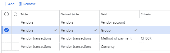 Vendors table with group field is selected.