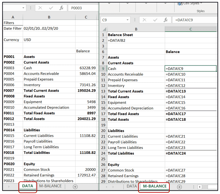 Data and M-Balance worksheets
