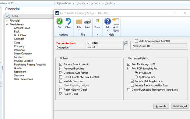 Integrate Purchasing and Payables to Fixed Assets in Dynamics GP Fixed Asset setup