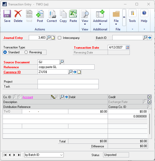 Copy-Paste Function in Dynamics GP Split Debits and Credits