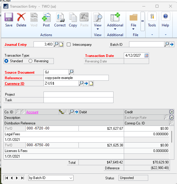 Copy-Paste Function in Dynamics GP Batch ID, Transaction Date, Reference