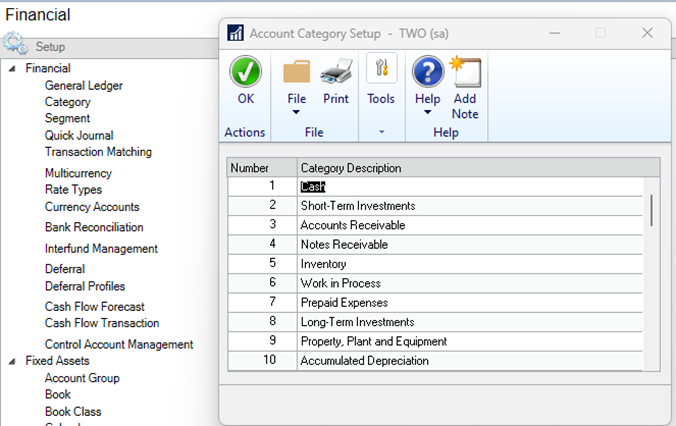 Account Categories in Dynamics GP Account Category Setup Window