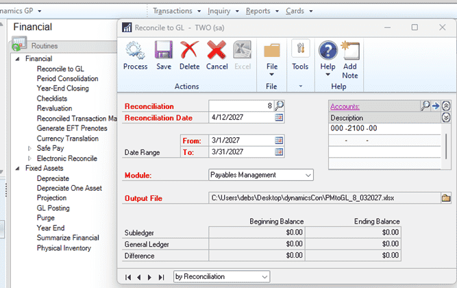 Reconcile Routines in Dynamics GP General Ledger Window