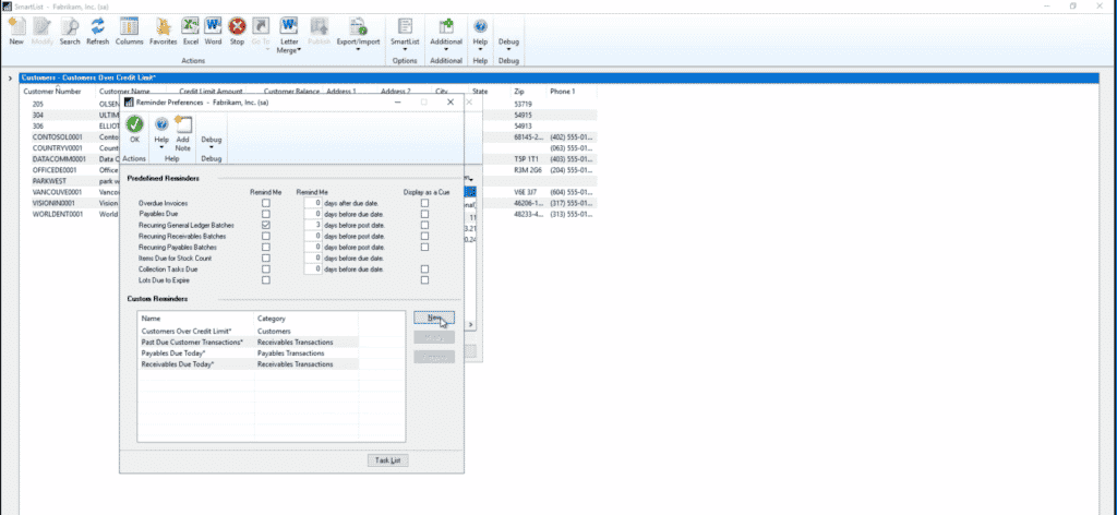 SmartLists in Dynamics GP select New