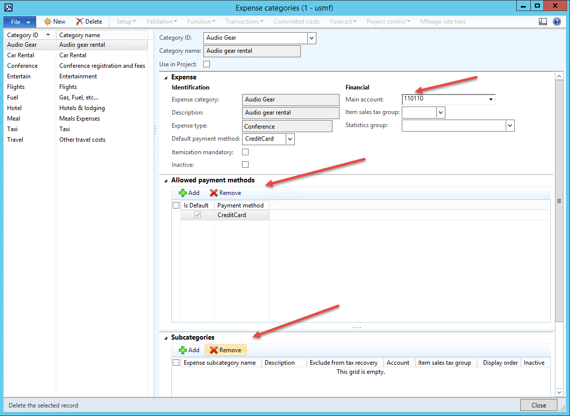 How to create new expense categories in dynamics ax 2012