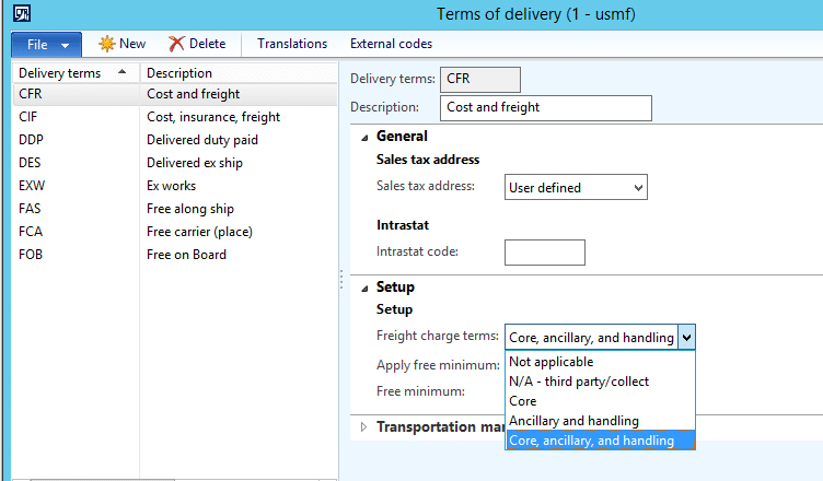 Terms of Delivery in Dynamics AX