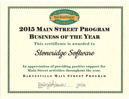 Barnesville, mn mainstreet program awards stoneridge software business of the year