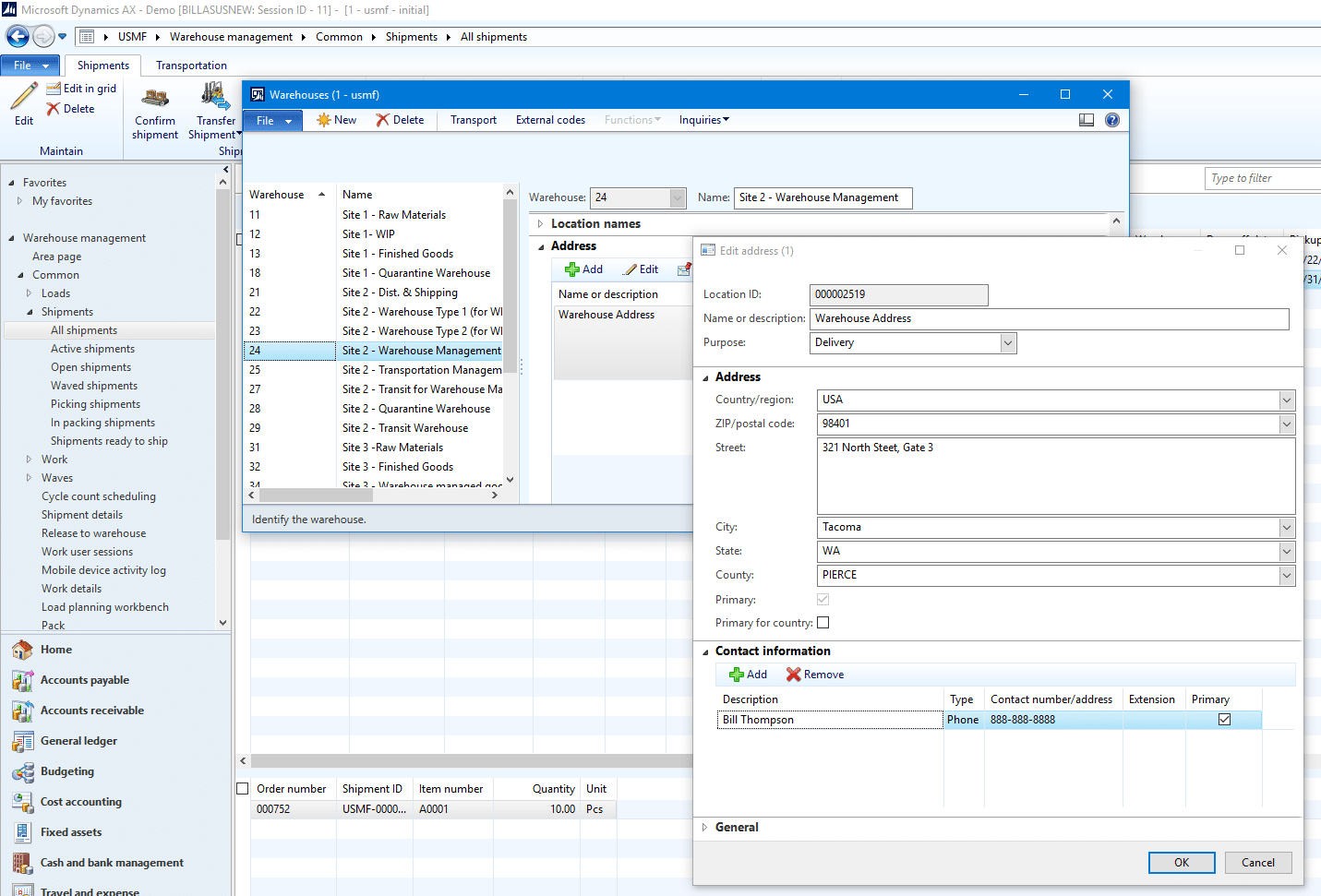 Locating primary contact information for a specific warehouse using dynamics ax