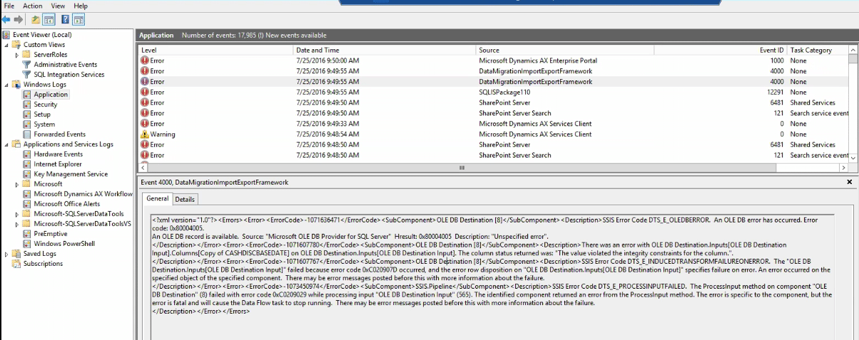 Dief issue – “datamigrationimportexportframework” is missing from event viewer
