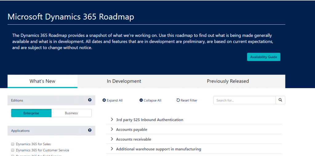 Dynamics 365 Roadmap website