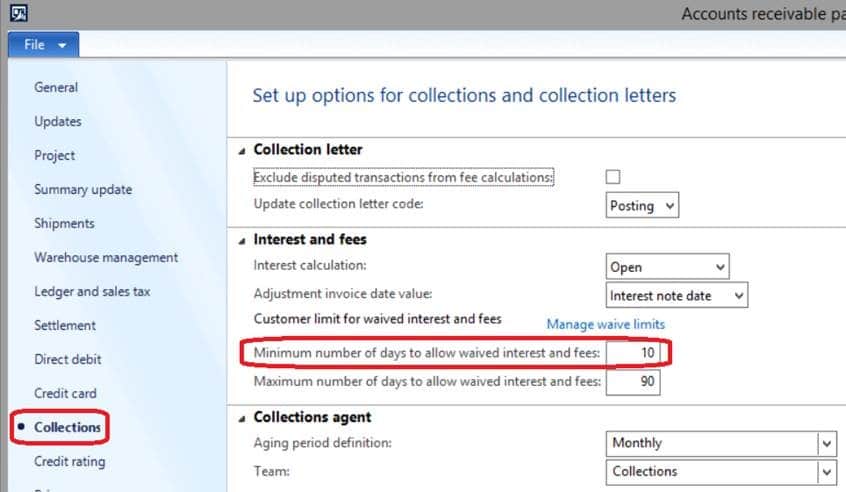 Minimum number of days to allow waived interest and fees in dynamics ax 2012