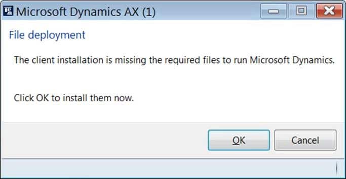 File deployment. The client is missing the required files to run Microsoft Dynamics.