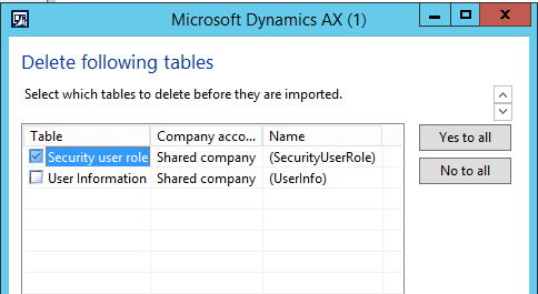 Select tables to delete before import.