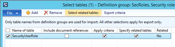 Select related tables for security role definition groups