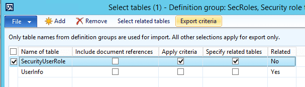 Security user role export criteria in Dynamics AX