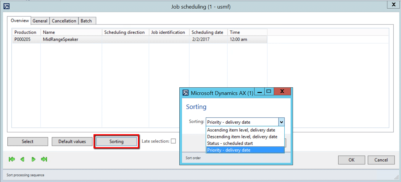 Dynamics ax 2012 scheduling options & sorting orders