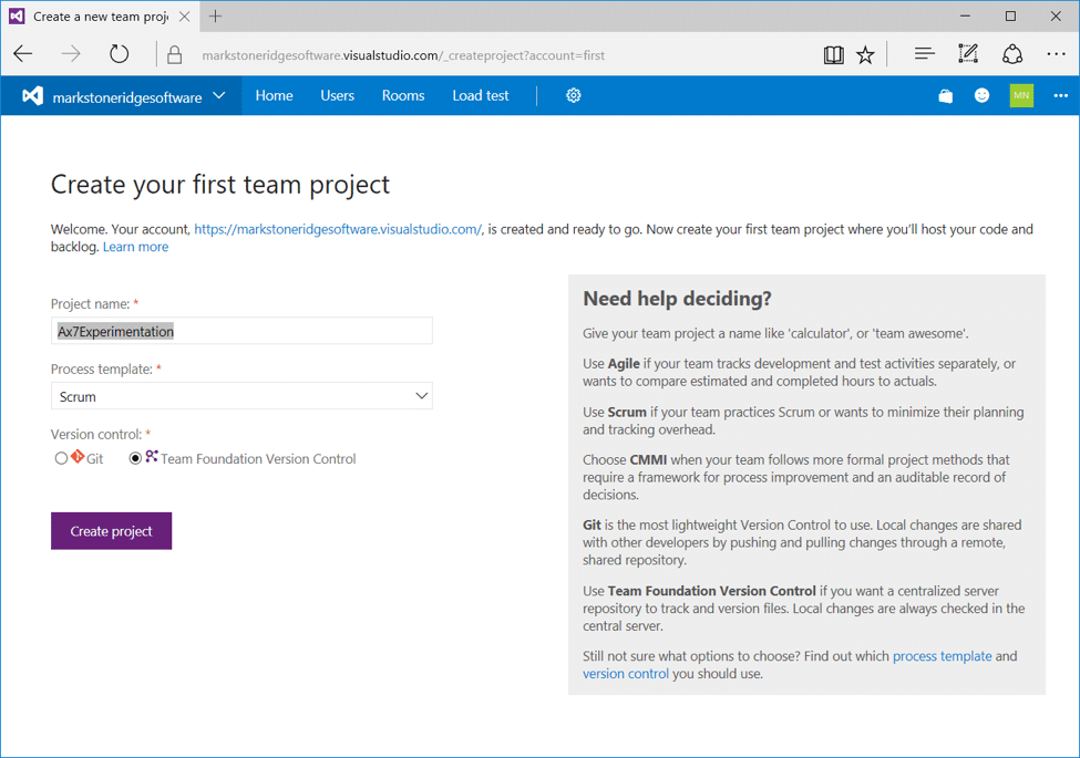Visual Studio Create a team project