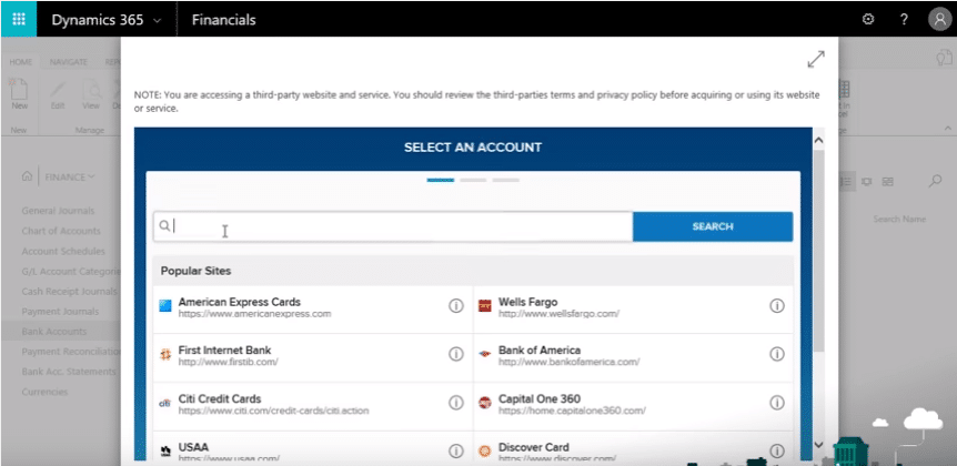 Select the name of your bank in Dynamics 365 for Financials