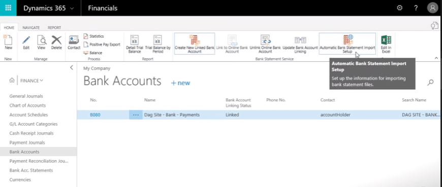 Bank statement import setup in Dynamics 365 for Financials