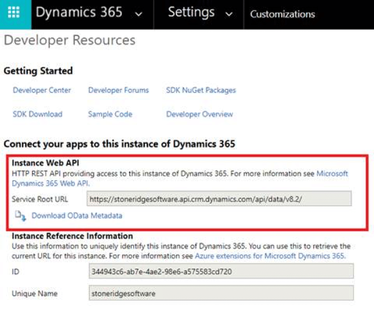 Find the correct URL under Developer Resources in Dynamics 365