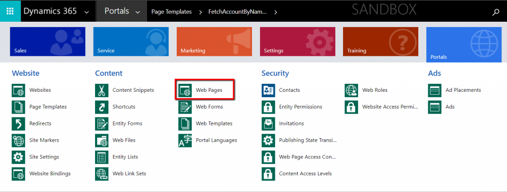 Under the Portals tab in Dynamics 365 select the Web Pages option.