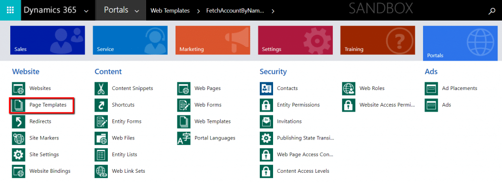 Under the Portals tab in Dynamics 365, select the Page Templates option.