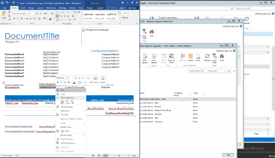 Delete the Sales Person Header and Sales Person Name on a Report Layout in Word for Dynamics NAV