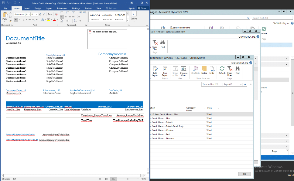Open a report layout in Word for Dynamics NAV