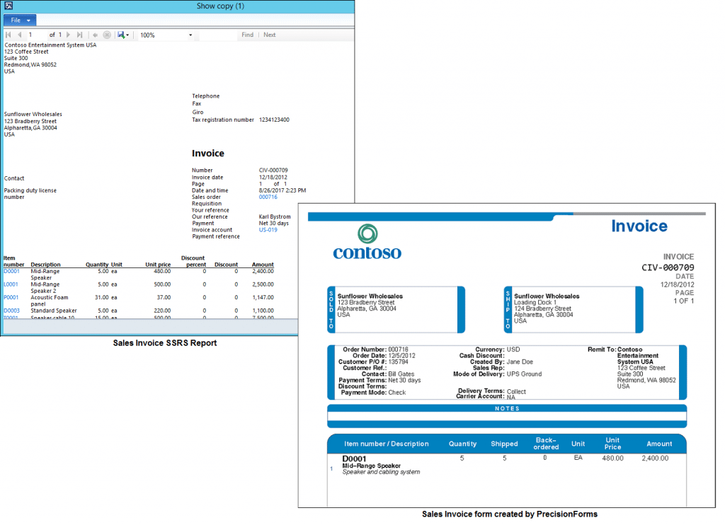 A simple sales invoice form that would normally render in SSRS can be designed in PrecisionForms to make a professional-looking document.