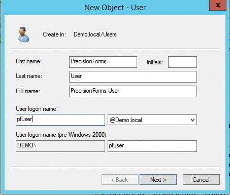 Create a user web page for the user that PrecisionForms will run under.