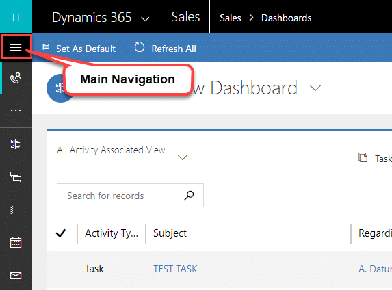 Main Navigation with the new user interface (UI) in Dynamics 365 CRM.