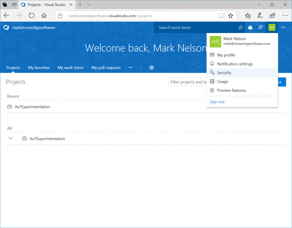 To create your Personal access token, navigate to VisualStudio.com, log in, click your user icon in the top-right corner, and choose Security.