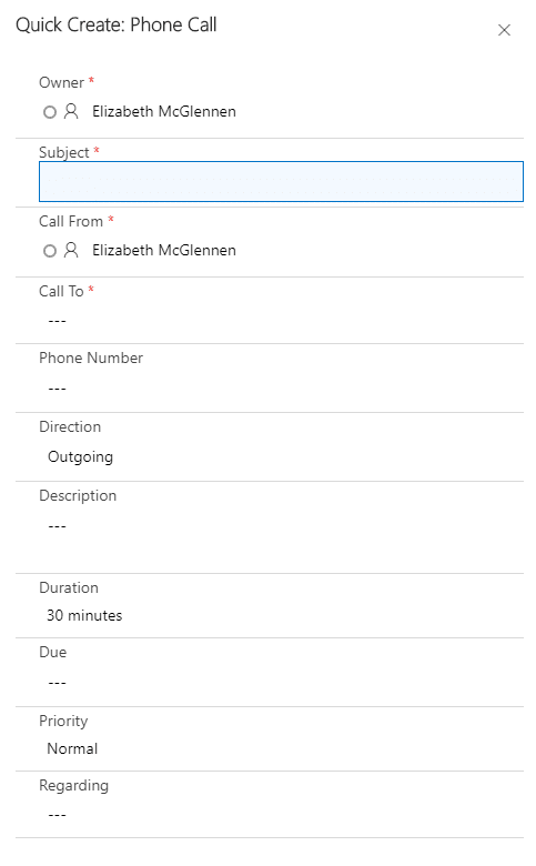 Quick Create a phone call in the new user interface (UI) in Dynamics 365 CRM