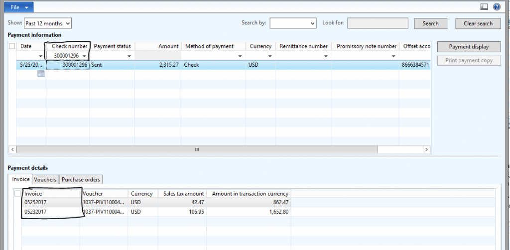 View of the invoices paid by check using payment history in Dynamics AX 2012
