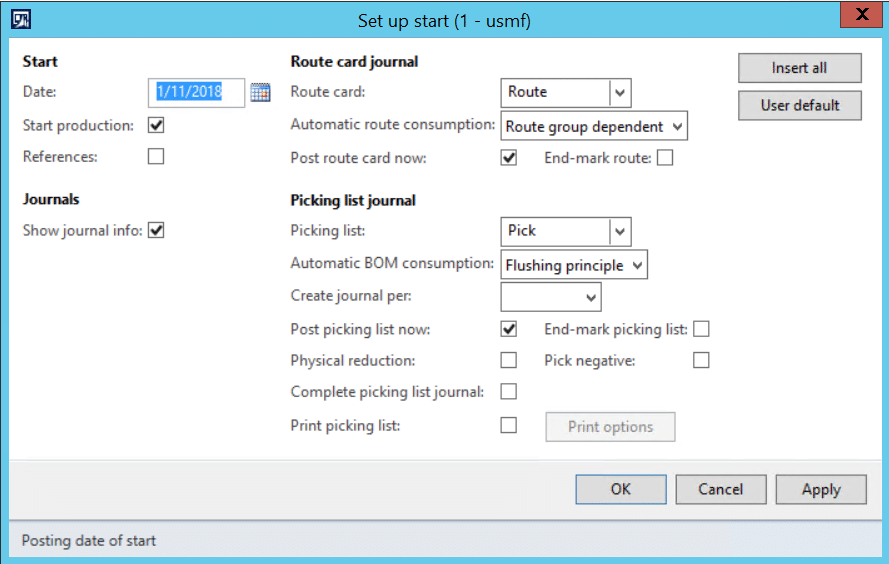 The production start default values are held on the user’s usage data, it is not a system wide setup.