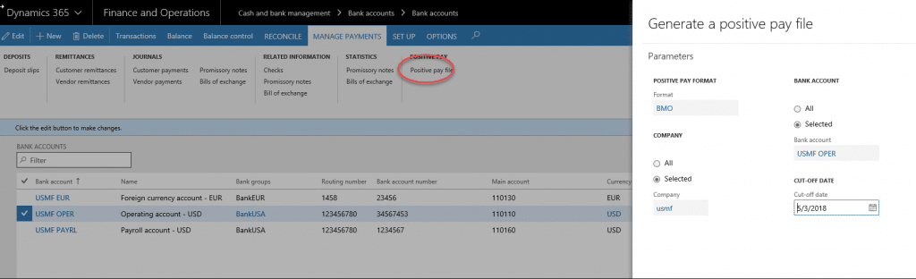 Positive Pay file in Dynamics 365 for Finance and Operations