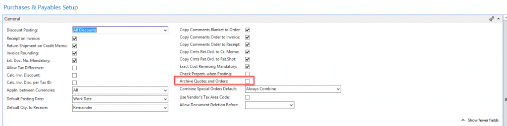 purchase and payables setup: archive quotes and orders