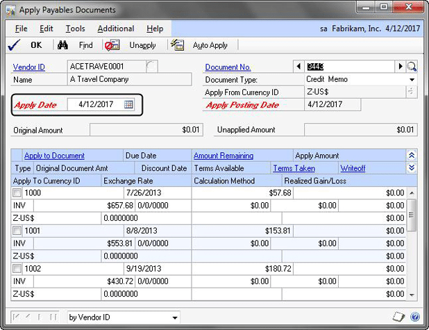 Apply payables documents in Dynamics GP