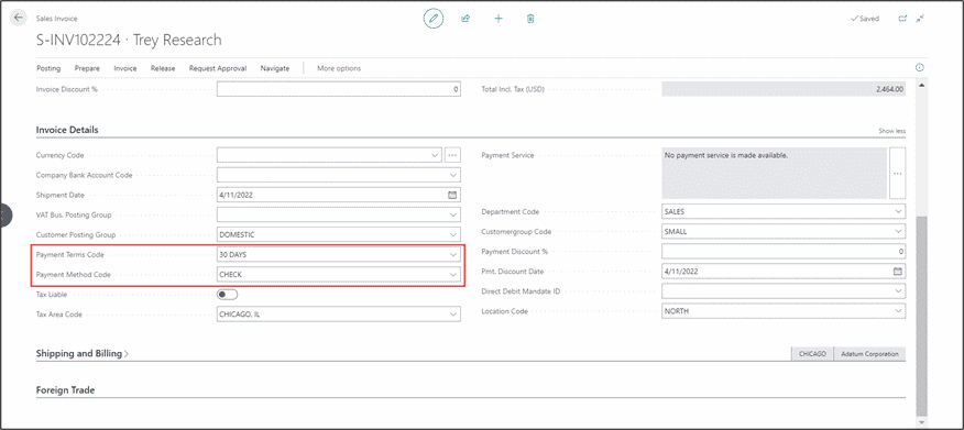 Dynamics 365 Business Central Job Billing and Shipping Modifications Payment Terms