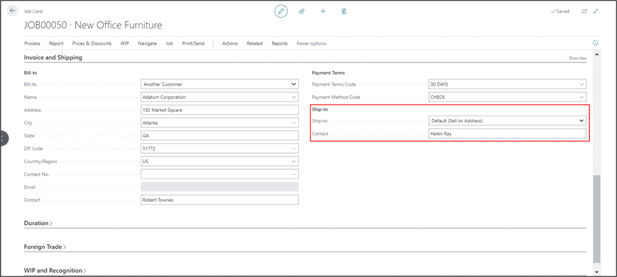 Dynamics 365 Business Central Job Billing and Shipping Modifications - Invoice and Shipping FastTab