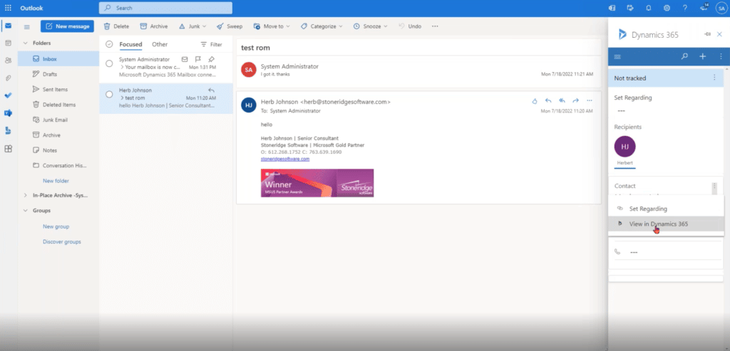 Dynamics 365 CRM - From Outlook - View in Dynamics 365