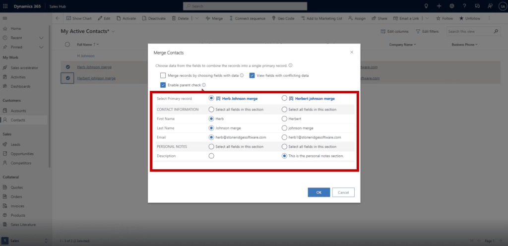 Dynamics 365 CRM - Select Information to Merge Contacts